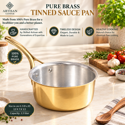 Pure Brass Saucepan with Tin-Lined Interior – Handcrafted Brass Cooking Pot, 1.5 L Capacity