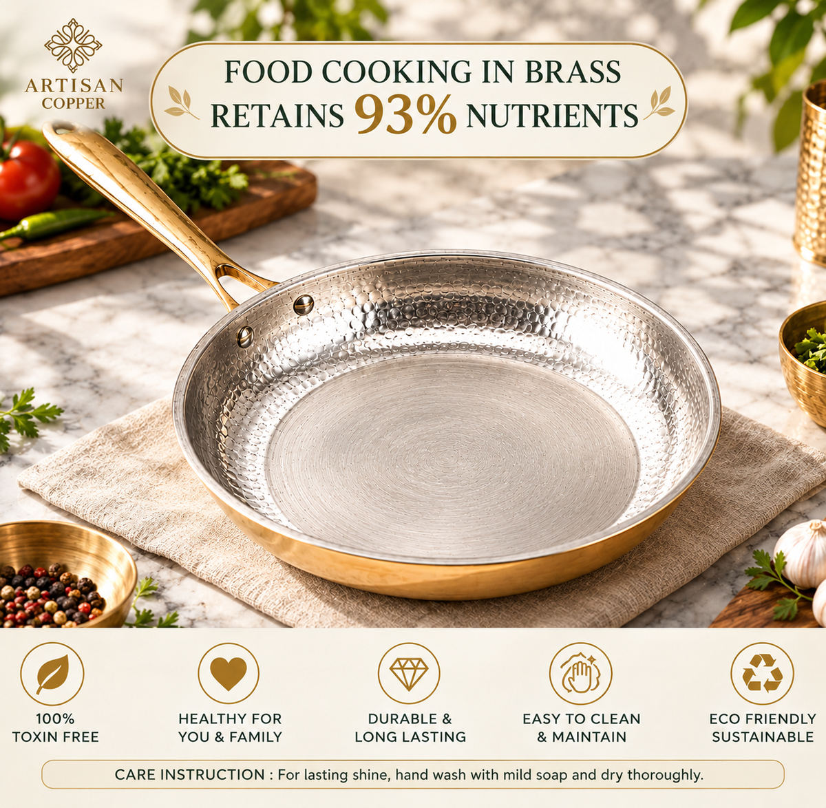 Hammered Brass Fry Pan – Pure Brass with Traditional Tin-Lined Interior