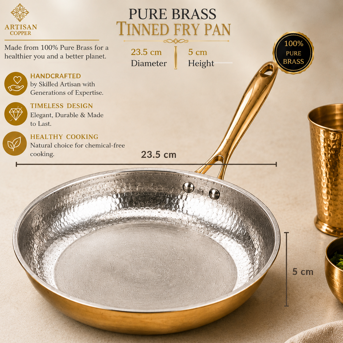 Hammered Brass Fry Pan – Pure Brass with Traditional Tin-Lined Interior