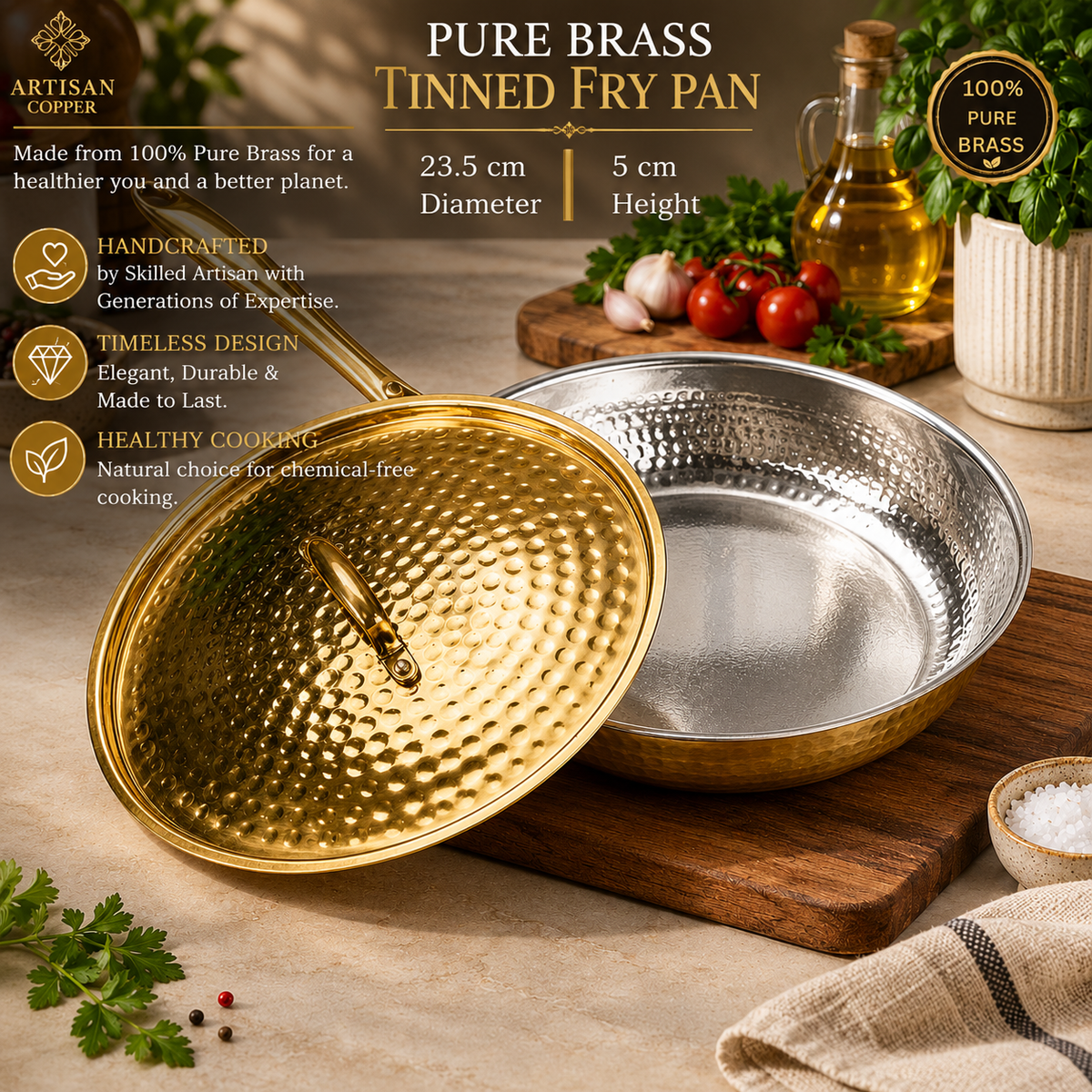 Hammered Brass Fry Pan with Lid – Pure Brass, Tin-Lined Interior