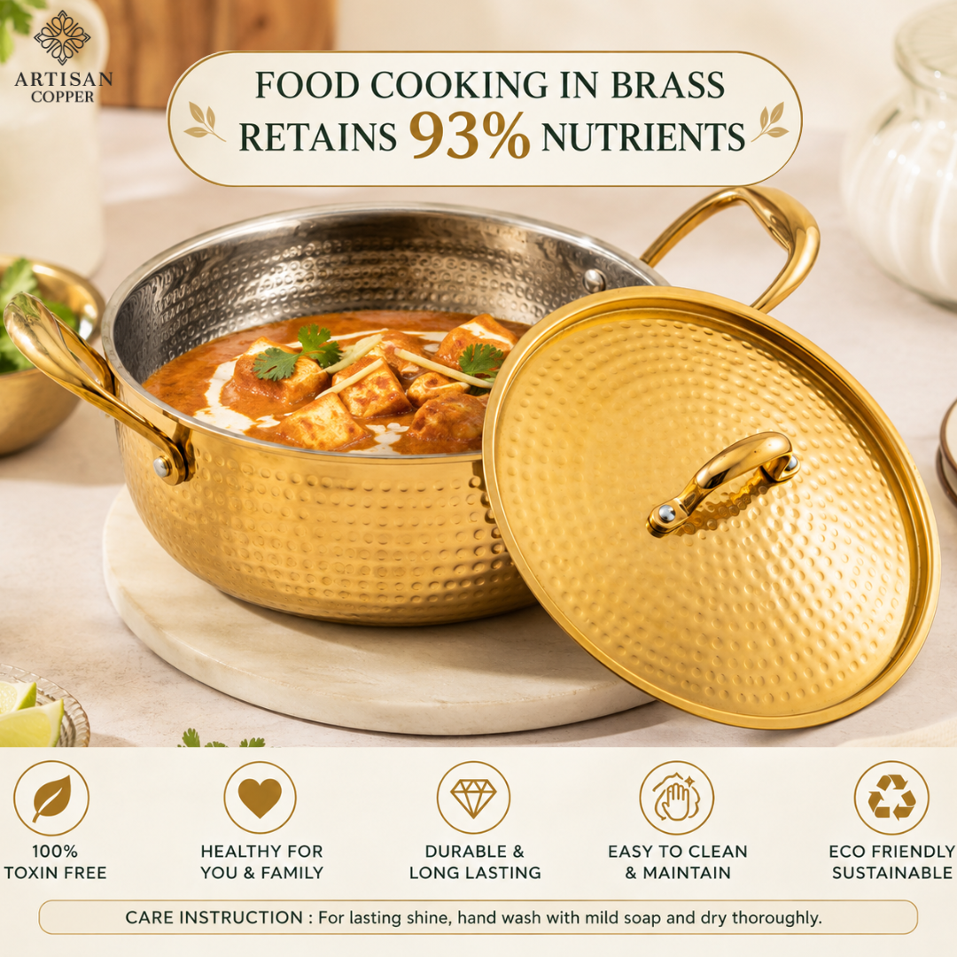 Brass Kadai with Tin-Lined Interior & Brass Lid – 30 cm, 2.25 Litre