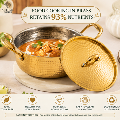 Brass Kadai with Tin-Lined Interior & Brass Lid – 30 cm, 2.25 Litre