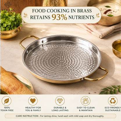 Brass Dosa Tawa – Pure Brass Handcrafted Tin-Lined Indian Griddle, 16 × 12 Inch
